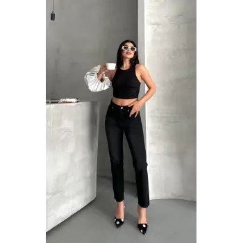 Mom fit enzim bıyıklı taş yıkama jeans pantolon siyah d2006