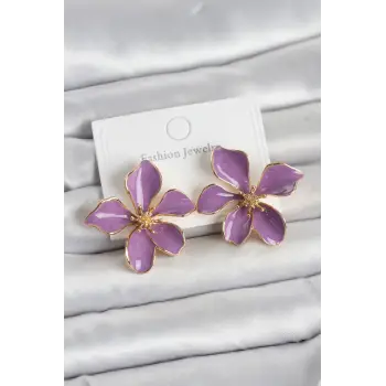 Mor Mineli Çiçek Model Pirinç Kadın Küpe