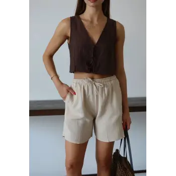 Müslin kumaş şort bağcıklı bej pt