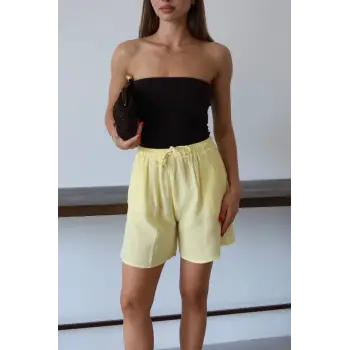 Müslin kumaş şort bağcıklı sarı pt