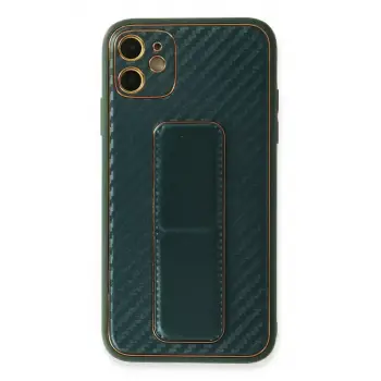 Newface Apple iPhone 12 Kılıf Coco Karbon Standlı Kapak - Yeşil