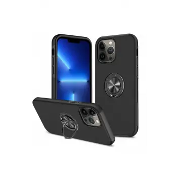 Newface Apple iPhone 13 Pro Max Kılıf Elit Yüzüklü Kapak - Siyah