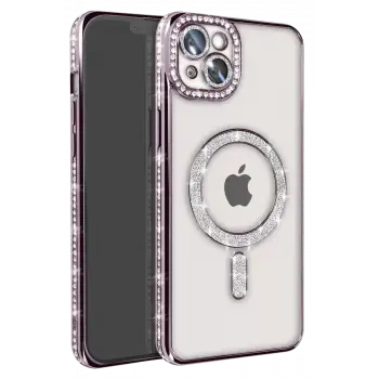 Newface Apple iPhone 15 Kılıf Joke Simli Magneticsafe Kılıf - Derin Mor