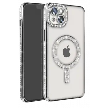 Newface Apple iPhone 15 Kılıf Joke Simli Magneticsafe Kılıf - Gümüş
