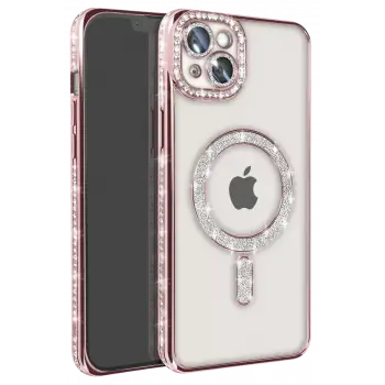 Newface Apple iPhone 15 Kılıf Joke Simli Magneticsafe Kılıf - Pembe
