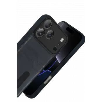 Newface Apple iPhone 17 Pro Max Sara Kartvizitli Deri Kılıf - Siyah