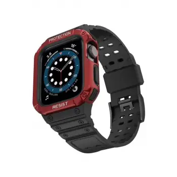Newface Apple Watch 42mm KR401 Silikon Kordon - Siyah-Kırmızı