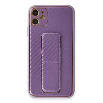 Newface Apple iPhone 12 Kılıf Coco Karbon Standlı Kapak - Mor