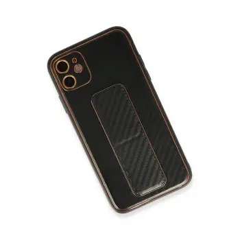 Newface iPhone 12 Kılıf Coco Karbon Standlı Kapak - Siyah