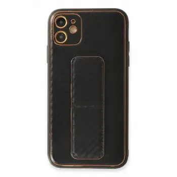 Newface Apple iPhone 12 Kılıf Coco Karbon Standlı Kapak - Siyah