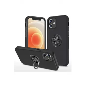 Newface iPhone 12 Kılıf Elit Yüzüklü Kapak - Siyah