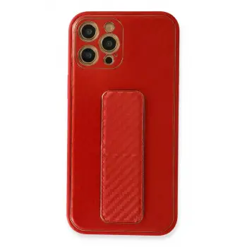 Newface Apple iPhone 12 Pro Kılıf Coco Karbon Standlı Kapak - Kırmızı