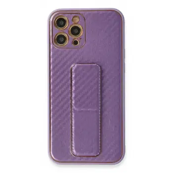 Newface Apple iPhone 12 Pro Kılıf Coco Karbon Standlı Kapak - Mor