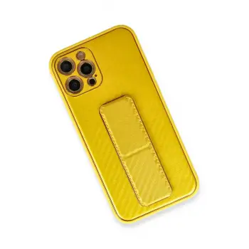 Newface iPhone 12 Pro Max Kılıf Coco Karbon Standlı Kapak - Sarı