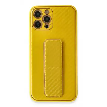 Newface Apple iPhone 12 Pro Max Kılıf Coco Karbon Standlı Kapak - Sarı