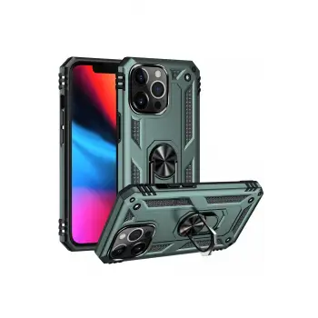 Newface iPhone 13 Pro Kılıf Sofya Yüzüklü Silikon Kapak - Yeşil