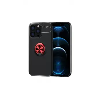 Newface Apple iPhone 13 Pro Max Kılıf Range Yüzüklü Silikon - Siyah-Kırmızı