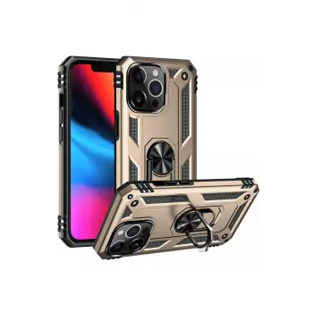 Newface iPhone 13 Pro Max Kılıf Sofya Yüzüklü Silikon Kapak - Gold