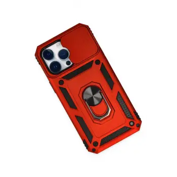 Newface iPhone 14 Pro Max Kılıf Pars Lens Yüzüklü Silikon - Kırmızı