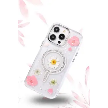 Newface iPhone 15 Pro Flower Magsafe Kapak - Krem