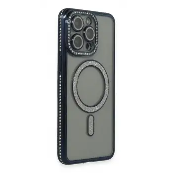 Newface Apple iPhone 15 Pro Max Kılıf Joke Simli Magneticsafe Kılıf - Lacivert