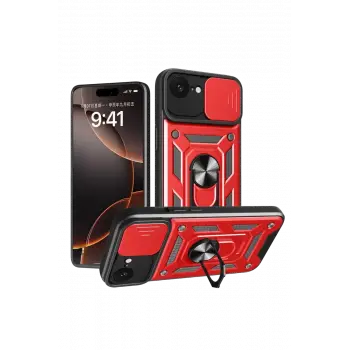 Newface Apple iPhone 16E Kılıf Pars Lens Yüzüklü Silikon - Kırmızı