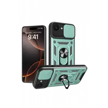 Newface Apple iPhone 16E Kılıf Pars Lens Yüzüklü Silikon - Yeşil