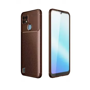 Newface Realme C21 Kılıf Auto Focus Karbon Kapak - Kahverengi