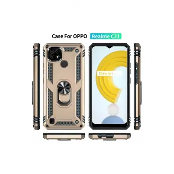 Newface Realme C21 Kılıf Sofya Yüzüklü Silikon Kapak - Gold