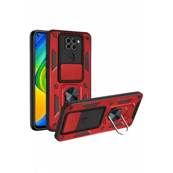 Newface Xiaomi Redmi Note 9 4G Kılıf Pars Lens Yüzüklü Silikon - Kırmızı