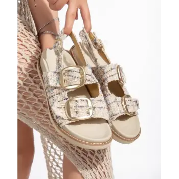 Olira Bej Simli Kemerli Sandalet