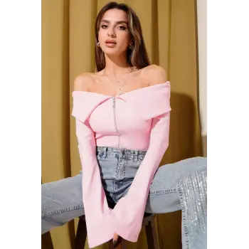 Omzu Açık Fermuarlı Bluz pembe T4330