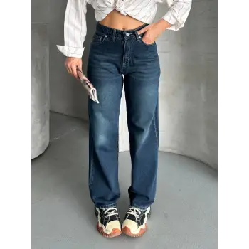 Palazzo bıyık enzim yıkama jeans pantolon koyu mavi d2008