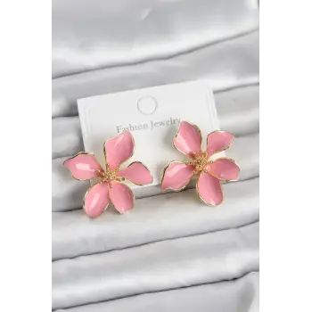 Pembe Mineli Çiçek Model Pirinç Kadın Küpe