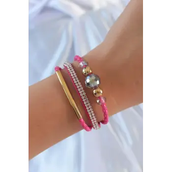 Pembe Renk Zirkon Taşlı Deri Çoklu Bileklik