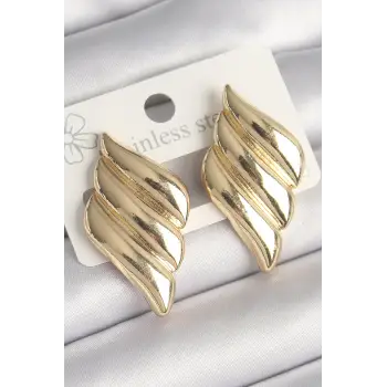 Pirinç Gold Renk 3 Sıralı Dalgalı Model Kadın Küpe