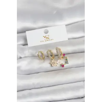 Pirinç Gold Renk Çiçek Model 3'lü Kadın Küpe