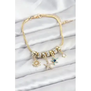 Pirinç Gold Renk Deniz Tema Charmlı Kadın Bileklik