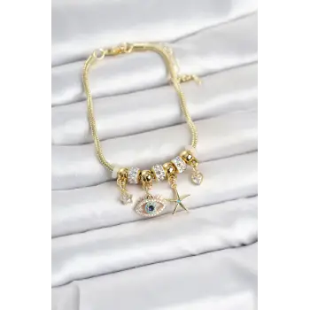 Pirinç Gold Renk Göz Model Charmlı Kadın Bileklik