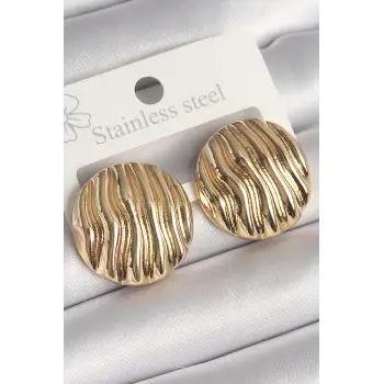 Pirinç Gold Renk İşlemeli Daire Plaka Model Kadın Küpe