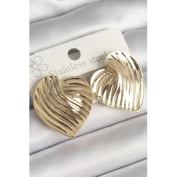 Pirinç Gold Renk İşlemeli Plaka Kalp Model Kadın Küpe