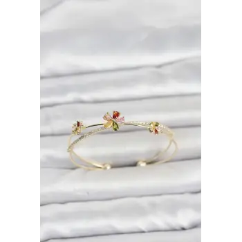 Pirinç Gold Renk Renkli Çiçek Model Kadın Bileklik