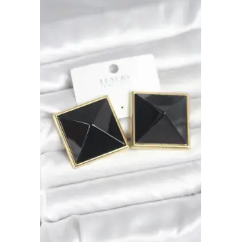 Pirinç Gold Renk Siyah Piramit Model Kadın Küpe