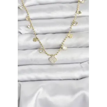 Pirinç Gold Renk Yonca Model Kadın Kolye