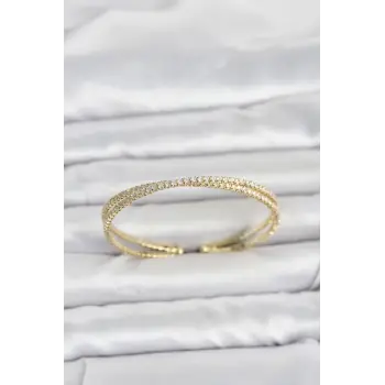 Pirinç Gold Renk Zirkon Taşlı Çapraz Model Kadın Bileklik