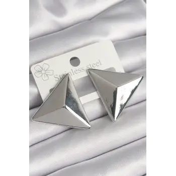 Pirinç Gümüş Renk 3D Üçgen Model Kadın Küpe