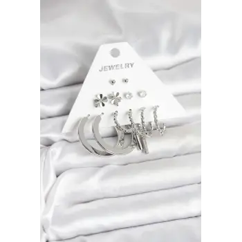 Pirinç Gümüş Renk 6 Çift Kadın Küpe Seti