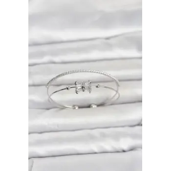 Pirinç Gümüş Renk Baget Zirkon Taşlı Objeli Kadın Bileklik