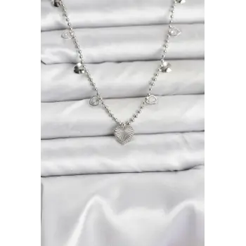 Pirinç Gümüş Renk Kalp Model Kadın Kolye