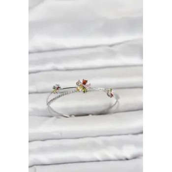 Pirinç Gümüş Renk Renkli Çiçek Model Kadın Bileklik
